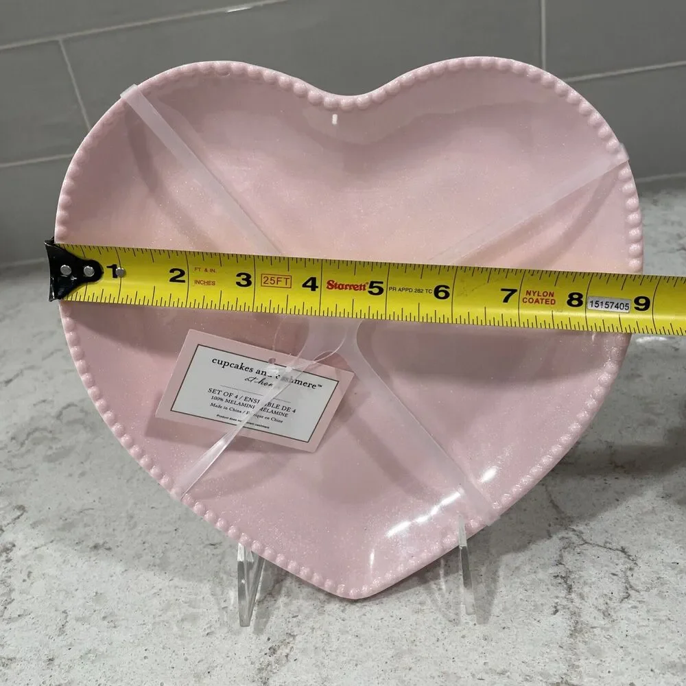 Set 4 PINK SHIMMER 9” Heart Shaped Melamine Plates Valentines Cupcakes Cashmere - Picture 4 of 5